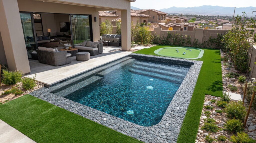Luxury Backyard Oasis: Modern Pool, Putting Green, and Stunning Views