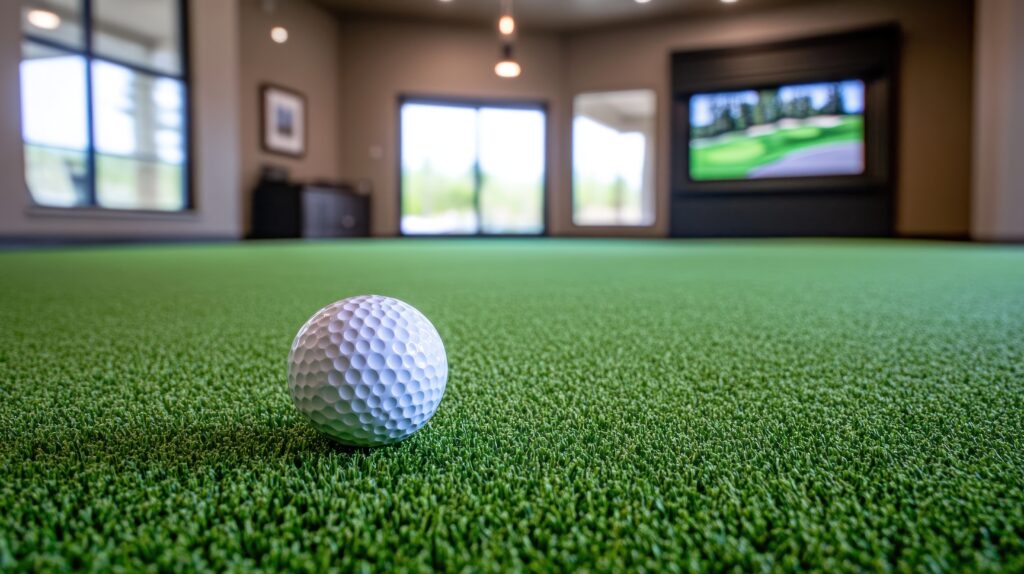 Indoor golf simulation with a ball on green turf and screen