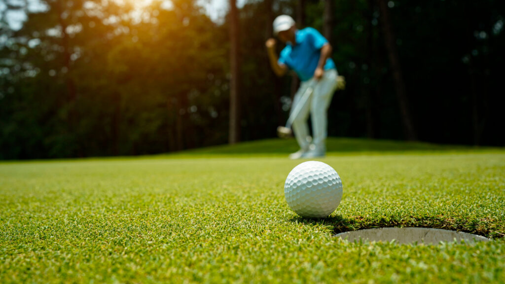 Golfer action to win after long putting golf ball in to the hole.